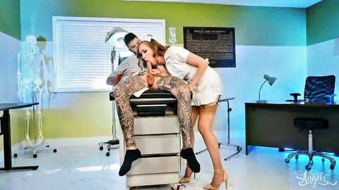 Tattooed brunette nurse in short uniform deepthroats muscular patient's big cock in medical office