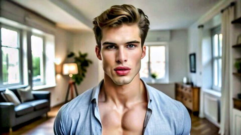 Handsome muscular young man in open shirt teasing chest, homosexual story thumbnail