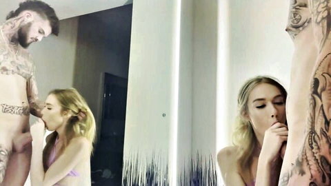 Crystal Thayer in pink bikini giving blowjob to tattooed Hatler Gurius