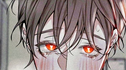 Anime boy with glowing red eyes crying tears and blushing cheeks in erotic manga comic
