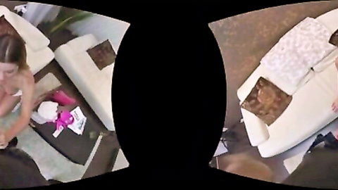 Skinny brunette teen bent over table taking huge cock in anal POV VR