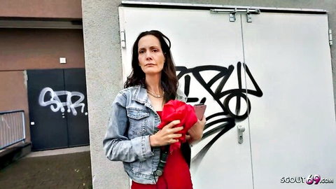 Mia Moon skinny Austrian wife in red dress outdoor