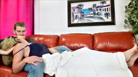 Cory Chase and Alex Adams intimate neck kiss on couch in Family Therapy XXX