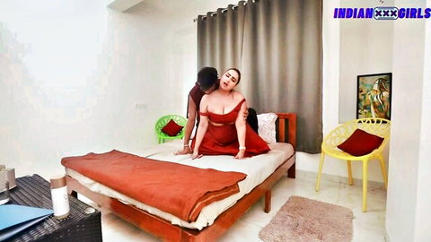 Indian step-sister in red saree embraced by step-brother in steamy bedroom foreplay