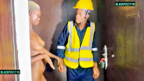 Nude ebony beauty Dora holds hands with black construction worker in steamy encounter