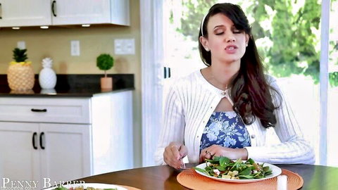 Penny Barber MILF in cardigan teasing at table, mommy porn thumbnail