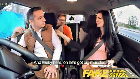Brunette passenger with two men in Fake Driving School car threesome preview