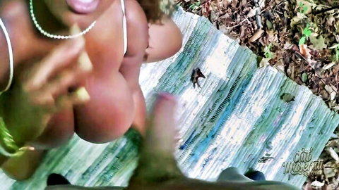 Maserati teases massive ebony tits in wild forest heat