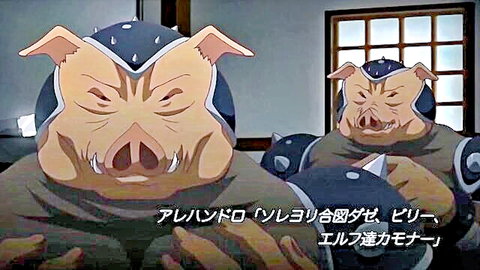Fierce anthropomorphic pig warriors in Japanese hentai anime scene