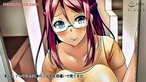 Busty pink-haired hentai girl with glasses leans forward showing massive cleavage in tight top