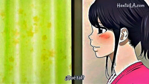 Blushing hentai girl with black ponytail in pink sweater looking sideways