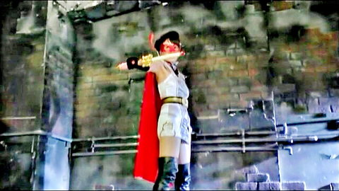 Sexy superhero cosplay babe in tight outfit wielding sword dramatically in ruins