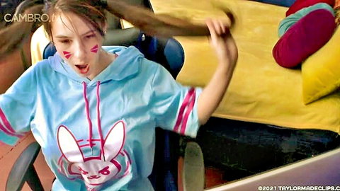 Bunny cosplay gamer girl holds huge pink dildo mouth open excited in webcam stream