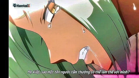 Tearful green-haired hentai girl crying with sad submissive expression close-up