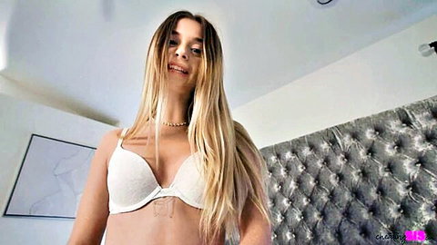 Blonde stepbro mommy in white bra, seductive roleplay tease