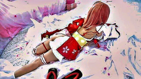 Seductive anime girl in red kimono lying on bed, pink hair and teasing pose