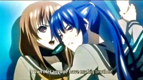 Possessive blue-haired anime girl hugs brown-haired sister in school uniforms claiming 'I won't let anyone have my big brother' hentai yuri