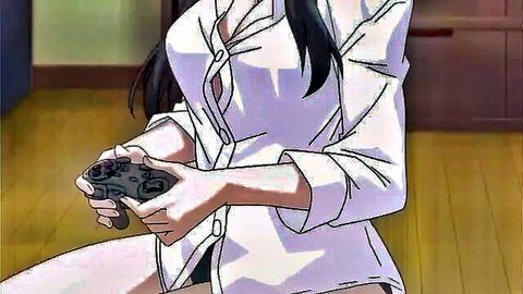 Black-haired hentai girl in open white shirt playing games with legs spread