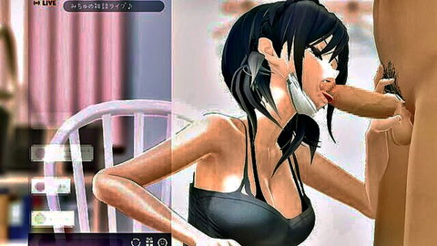 Anime girl with black hair giving handjob in live JAV stream