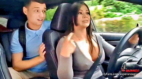 Esperanza Gomez teasing cleavage in car with lover, OnlyFans scene