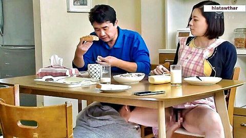 Japanese stepmom spreads legs under kitchen table for stepson to eat her pussy while husband eats breakfast