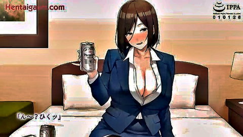Busty hentai office lady in deep cleavage suit holding beer can with ahegao tongue on bed