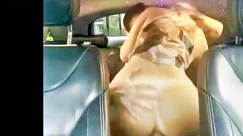 Tanned woman bent over car seats exposing wet pussy and big ass in doggy style car fuck