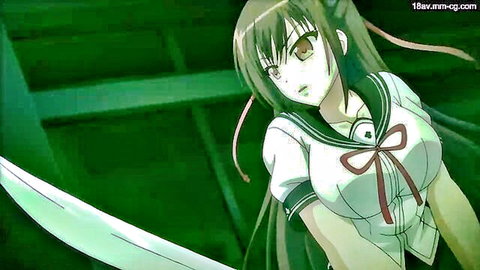 Busty anime brunette schoolgirl in tight sailor uniform wielding massive sword intensely