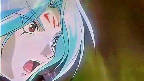 Anime succubus with teal hair in surprised tentacle scene from Words Worth