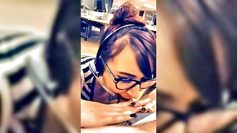 Amateur secretary in glasses giving deepthroat POV closeup