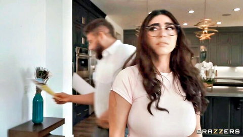 Busty Violet Myers in pink top surprised by Xander Corvus, threesome tease