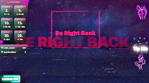 Webcam girl's neon Be Right Back AFK screen with Lovense tip menu and Irish chat