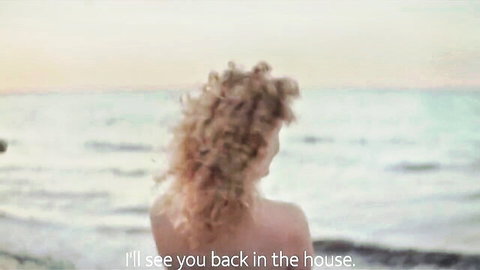 Kat Stephie nude from behind on beach at sunset, curly blonde hair
