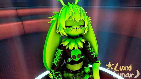 Seductive green alien bunny girl with perky tits teases in tight crop top and plaid mini skirt