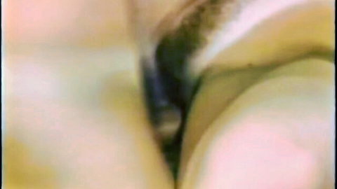 Extreme close-up of tight pink pussy lips and pubic hair in blurry vintage porn
