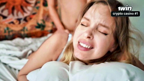 BootyFrutti blonde in ecstasy on bed, shaking legs from intense kiss-started pleasure