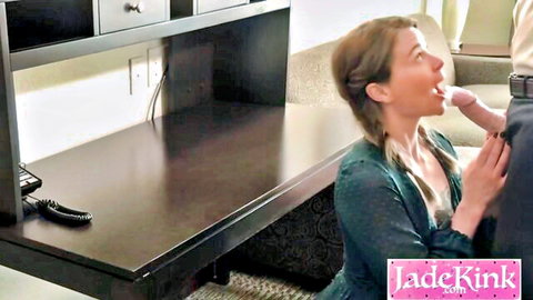 Jade Kink giving blowjob to boss in first timer casting couch scene
