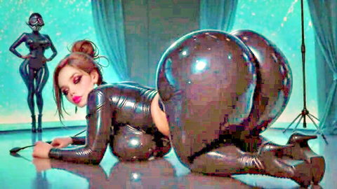 Gothic latex-clad beauty with huge ass in provocative pose, anal destruction theme