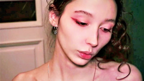 nanamilovestomoe seductive close-up, skinny Asian beauty with red makeup and wavy hair