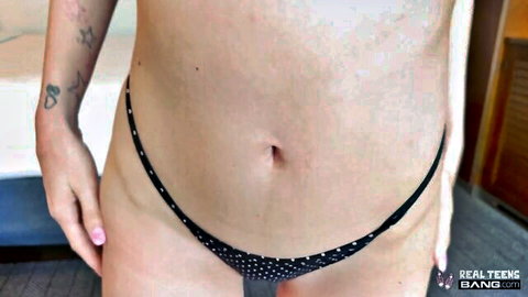 Summer Renee in black dotted panties, slim tattooed midsection tease