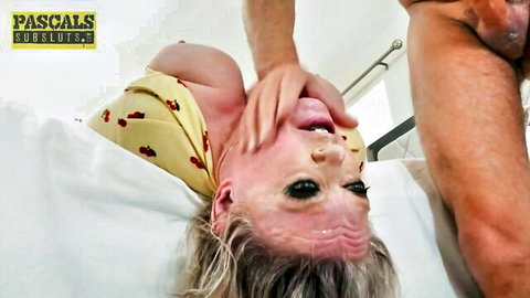 Blonde MILF gags on thick cock in rough deepthroat with head hanging off bed