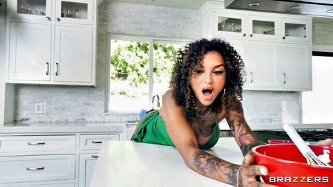 Tattooed curly-haired Alex in green top teases with bowl - Brazzers
