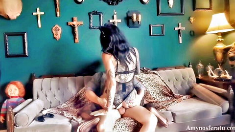 Tattooed goth babe in black lingerie getting anal pounded from behind