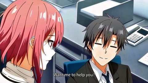 Pink-haired anime girl seductively offers help to suited boy at office desk