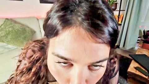 Close-up POV of curly-haired brunette in big ass hot adult video