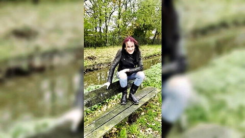 Pink-haired tgirl Headmistress in leather jacket outdoors for Locktober Q&A
