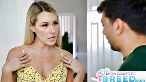 Blonde stepmom Bunny Madison in yellow floral dress with cleavage, teasing man