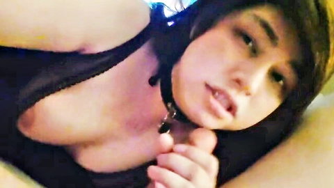 Seductive Asian brunette sissy in sheer top and collar teases with visible tits POV selfie