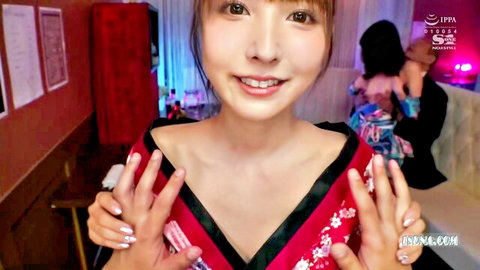 Yua Mikami in open kimono teasing cleavage at naughty titty pub