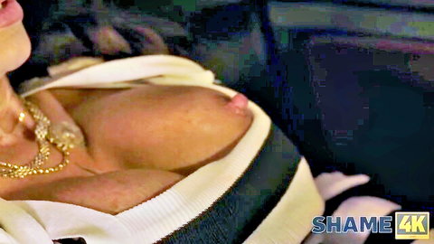 Curvy Caucasian woman exposing large breasts and nipple in Shame4K compilation